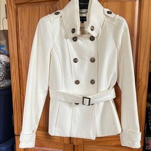 Black Rivet!  White Double-Breasted Pea Coat with Belt
